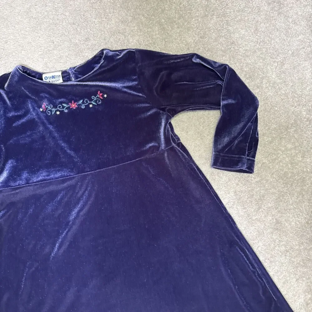Vintage 90s Oshkosh Bgosh Velvet Dress Embroidered Girls Size 6 90s